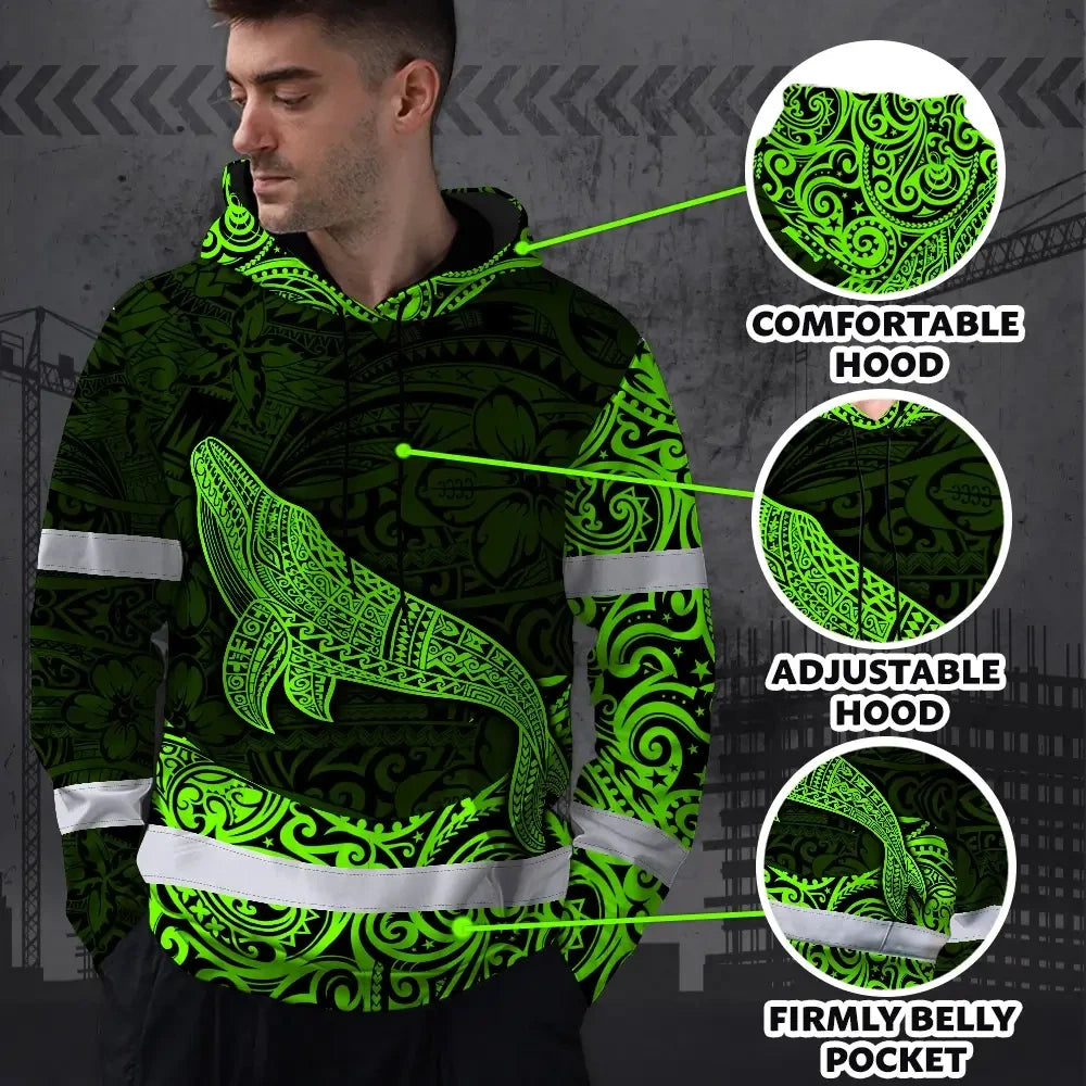 Hi Vis Hoodie Reflective Tapes Green Neon Hawaii Whale Custom Name Safety Workwear For Workers, Truckers, Operators
