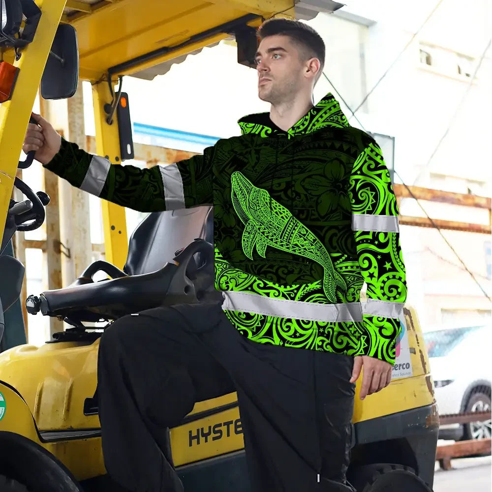 Hi Vis Hoodie Reflective Tapes Green Neon Hawaii Whale Custom Name Safety Workwear For Workers, Truckers, Operators
