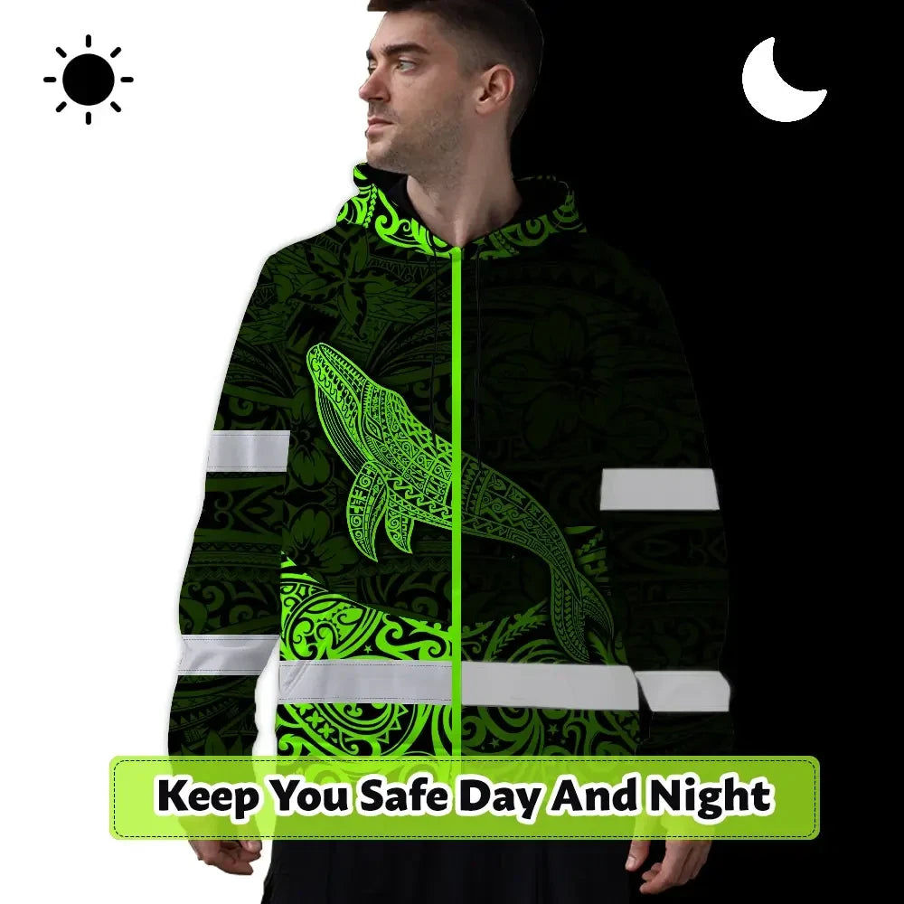 Hi Vis Hoodie Reflective Tapes Green Neon Hawaii Whale Custom Name Safety Workwear For Workers, Truckers, Operators