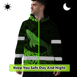 Hi Vis Hoodie Reflective Tapes Green Neon Hawaii Whale Custom Name Safety Workwear For Workers, Truckers, Operators
