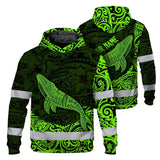 Hi Vis Hoodie Reflective Tapes Green Neon Hawaii Whale Custom Name Safety Workwear For Workers, Truckers, Operators