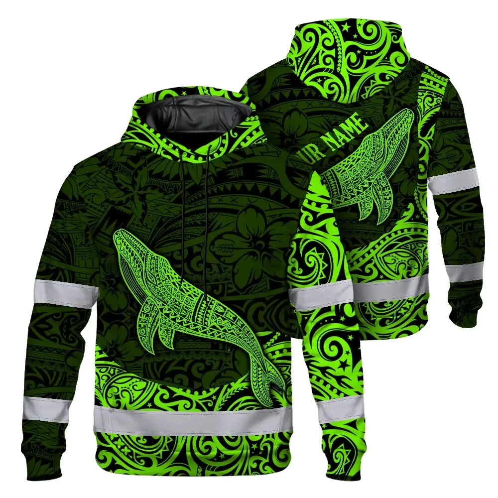 Hi Vis Hoodie Reflective Tapes Green Neon Hawaii Whale Custom Name Safety Workwear For Workers, Truckers, Operators