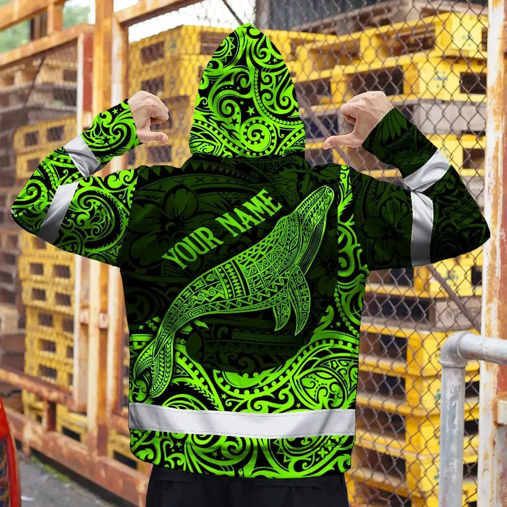 Hi Vis Hoodie Reflective Tapes Green Neon Hawaii Whale Custom Name Safety Workwear For Workers, Truckers, Operators