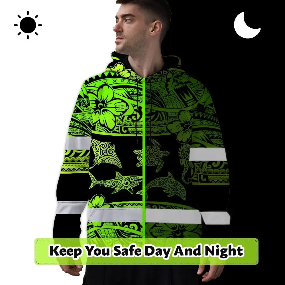 Hi Vis Hoodie Reflective Tapes Green Neon Hawaiian Polynesian Tribal Custom Name Safety Workwear For Workers, Truckers, Operators
