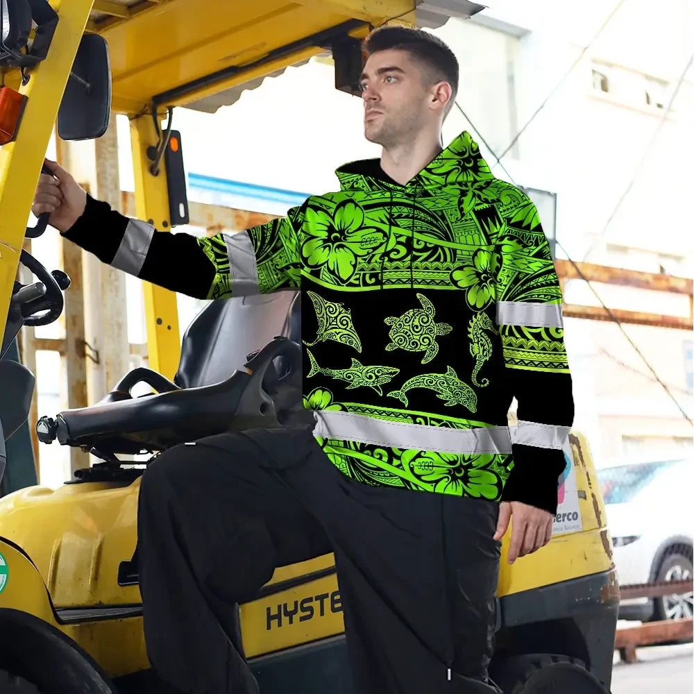 Hi Vis Hoodie Reflective Tapes Green Neon Hawaiian Polynesian Tribal Custom Name Safety Workwear For Workers, Truckers, Operators