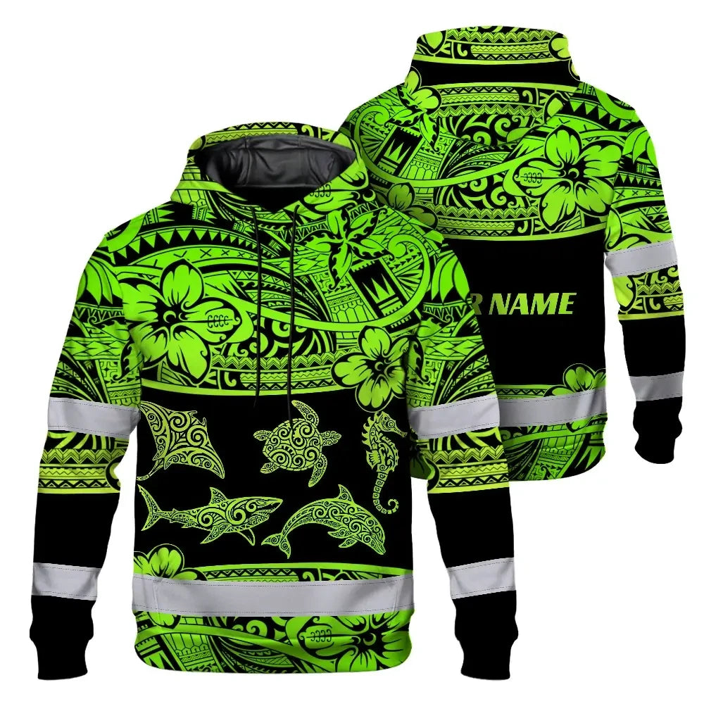 Hi Vis Hoodie Reflective Tapes Green Neon Hawaiian Polynesian Tribal Custom Name Safety Workwear For Workers, Truckers, Operators