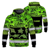 Hi Vis Hoodie Reflective Tapes Green Neon Hawaiian Polynesian Tribal Custom Name Safety Workwear For Workers, Truckers, Operators