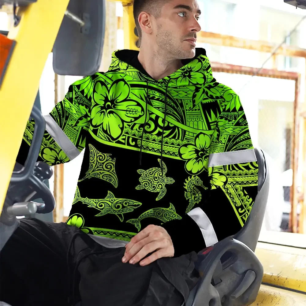 Hi Vis Hoodie Reflective Tapes Green Neon Hawaiian Polynesian Tribal Custom Name Safety Workwear For Workers, Truckers, Operators