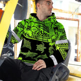 Hi Vis Hoodie Reflective Tapes Green Neon Hawaiian Polynesian Tribal Custom Name Safety Workwear For Workers, Truckers, Operators