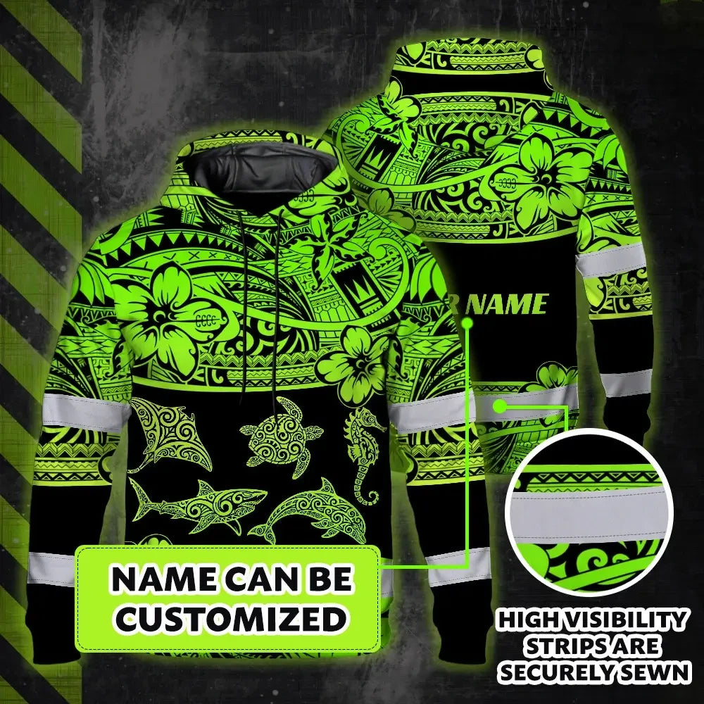 Hi Vis Hoodie Reflective Tapes Green Neon Hawaiian Polynesian Tribal Custom Name Safety Workwear For Workers, Truckers, Operators
