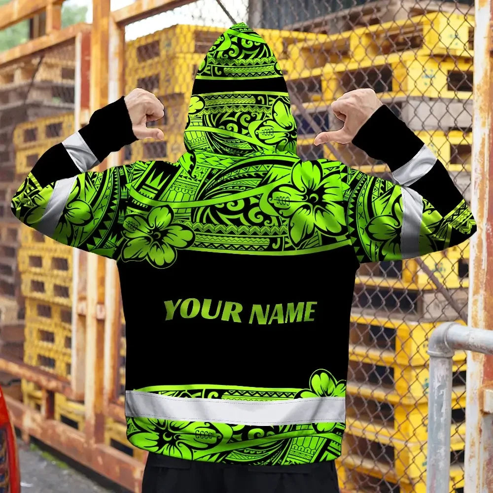 Hi Vis Hoodie Reflective Tapes Green Neon Hawaiian Polynesian Tribal Custom Name Safety Workwear For Workers, Truckers, Operators