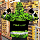 Hi Vis Hoodie Reflective Tapes Green Neon Hawaiian Polynesian Tribal Custom Name Safety Workwear For Workers, Truckers, Operators