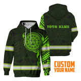 Hi Vis Hoodie Reflective Tapes Green Neon Hawaiian Polynesian Tribal Custom Name Safety Workwear