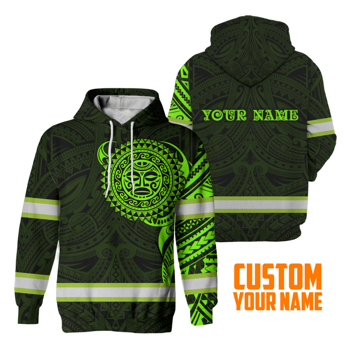 Hi Vis Hoodie Reflective Tapes Green Neon Hawaiian Polynesian Tribal Custom Name Safety Workwear
