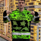 Hi Vis Hoodie Reflective Tapes Green Neon Hawaiian Polynesian Tribal Custom Name Safety Workwear For Workers, Truckers, Operators