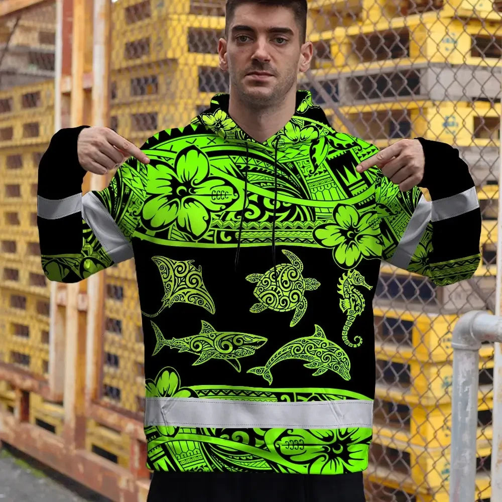Hi Vis Hoodie Reflective Tapes Green Neon Hawaiian Polynesian Tribal Custom Name Safety Workwear For Workers, Truckers, Operators