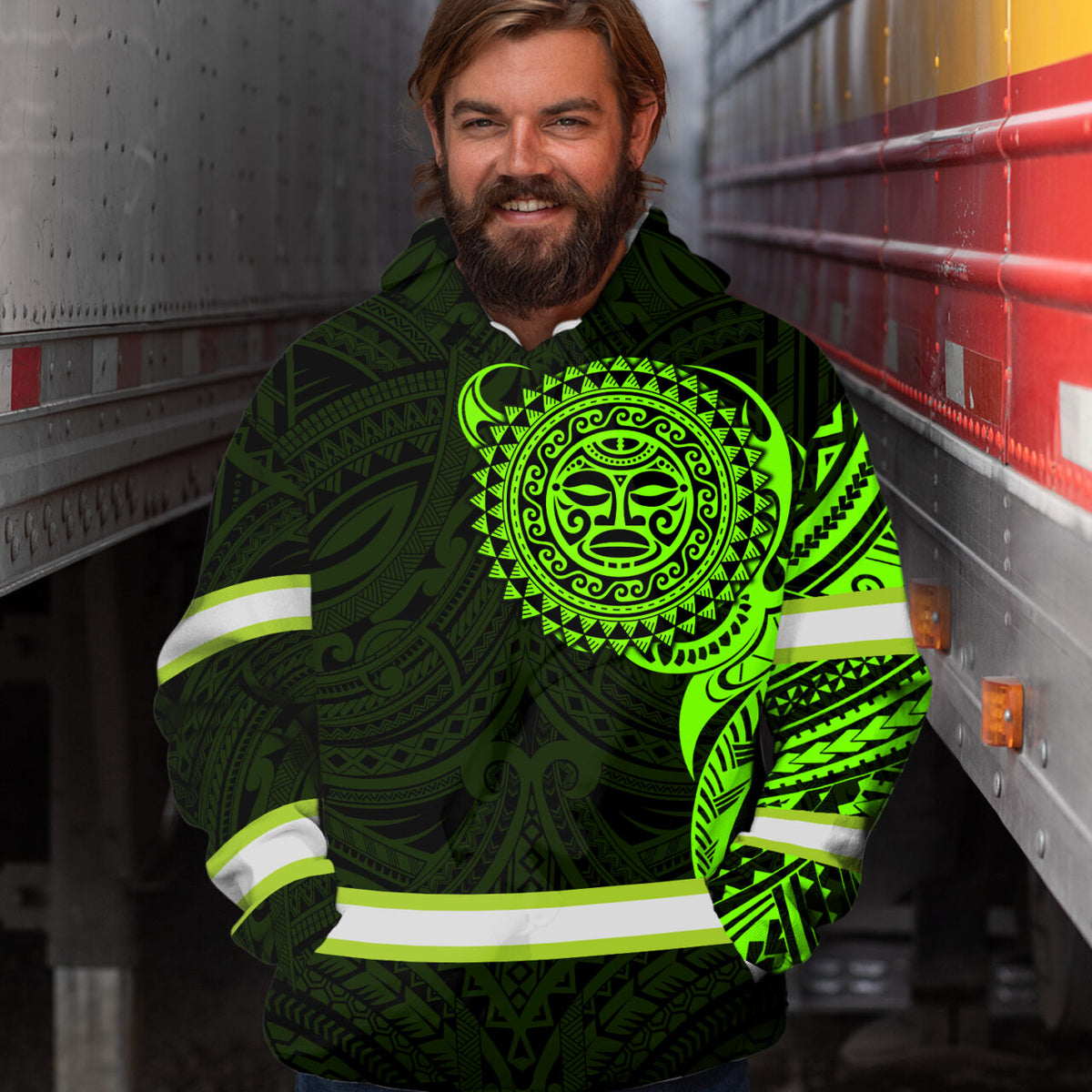 Hi Vis Hoodie Reflective Tapes Green Neon Hawaiian Polynesian Tribal Custom Name Safety Workwear