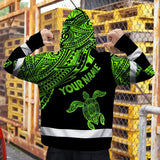 Hi Vis Hoodie Reflective Tapes Green Neon Turtle Hawaii Custom Name Safety Workwear For Workers, Truckers, Operators