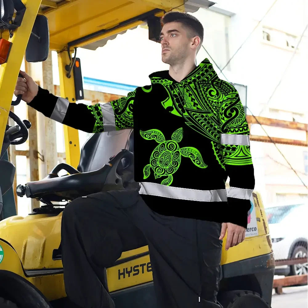 Hi Vis Hoodie Reflective Tapes Green Neon Turtle Hawaii Custom Name Safety Workwear For Workers, Truckers, Operators