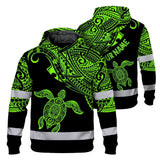 Hi Vis Hoodie Reflective Tapes Green Neon Turtle Hawaii Custom Name Safety Workwear For Workers, Truckers, Operators