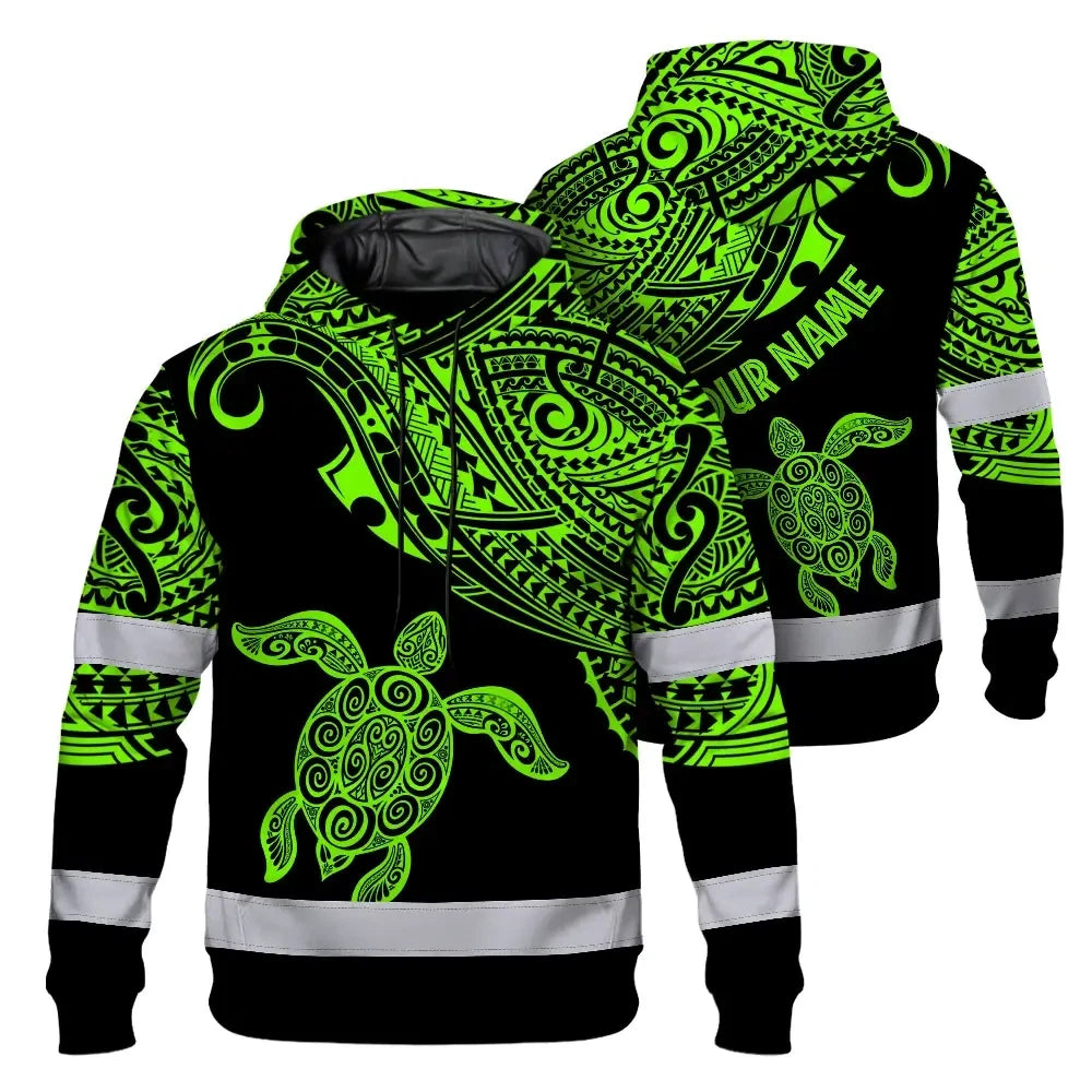 Hi Vis Hoodie Reflective Tapes Green Neon Turtle Hawaii Custom Name Safety Workwear For Workers, Truckers, Operators
