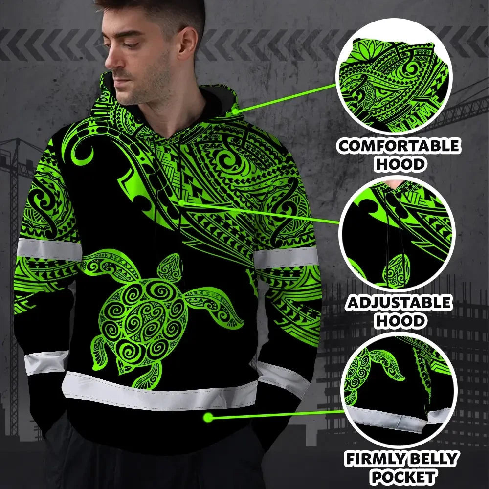 Hi Vis Hoodie Reflective Tapes Green Neon Turtle Hawaii Custom Name Safety Workwear For Workers, Truckers, Operators