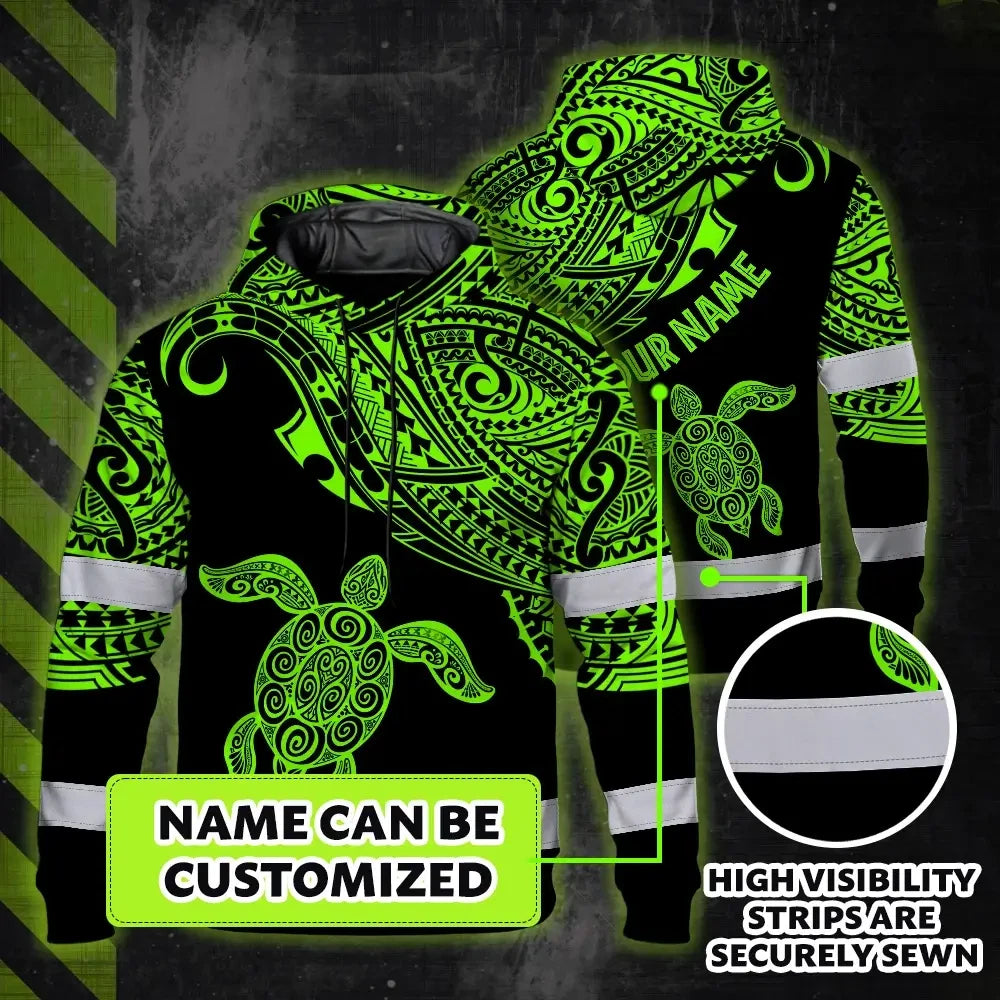 Hi Vis Hoodie Reflective Tapes Green Neon Turtle Hawaii Custom Name Safety Workwear For Workers, Truckers, Operators