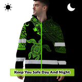 Hi Vis Hoodie Reflective Tapes Green Neon Turtle Hawaii Custom Name Safety Workwear For Workers, Truckers, Operators