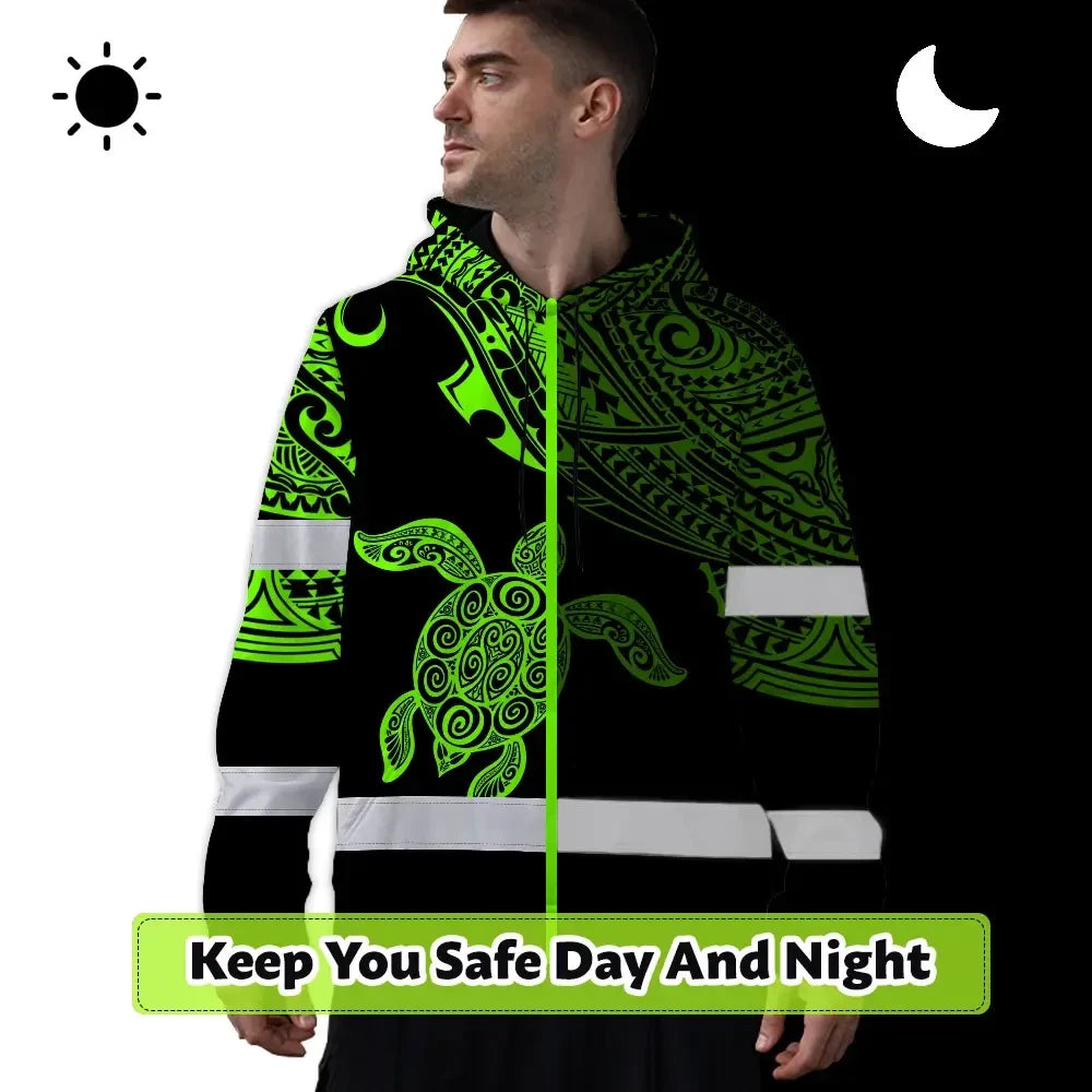 Hi Vis Hoodie Reflective Tapes Green Neon Turtle Hawaii Custom Name Safety Workwear For Workers, Truckers, Operators