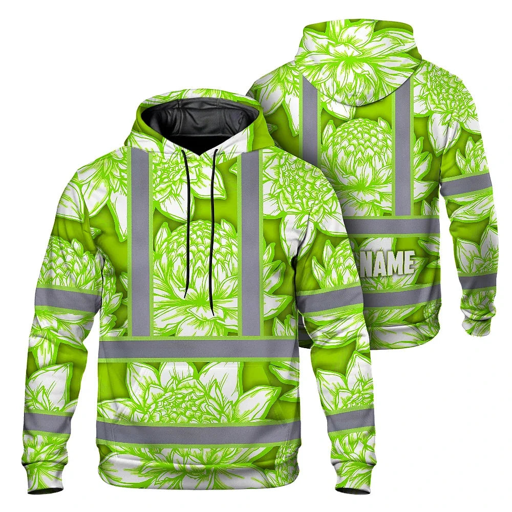 Hi Vis Hoodie Reflective Tapes Green Neon White Protea Custom Name Safety Workwear For Workers, Truckers, Operators