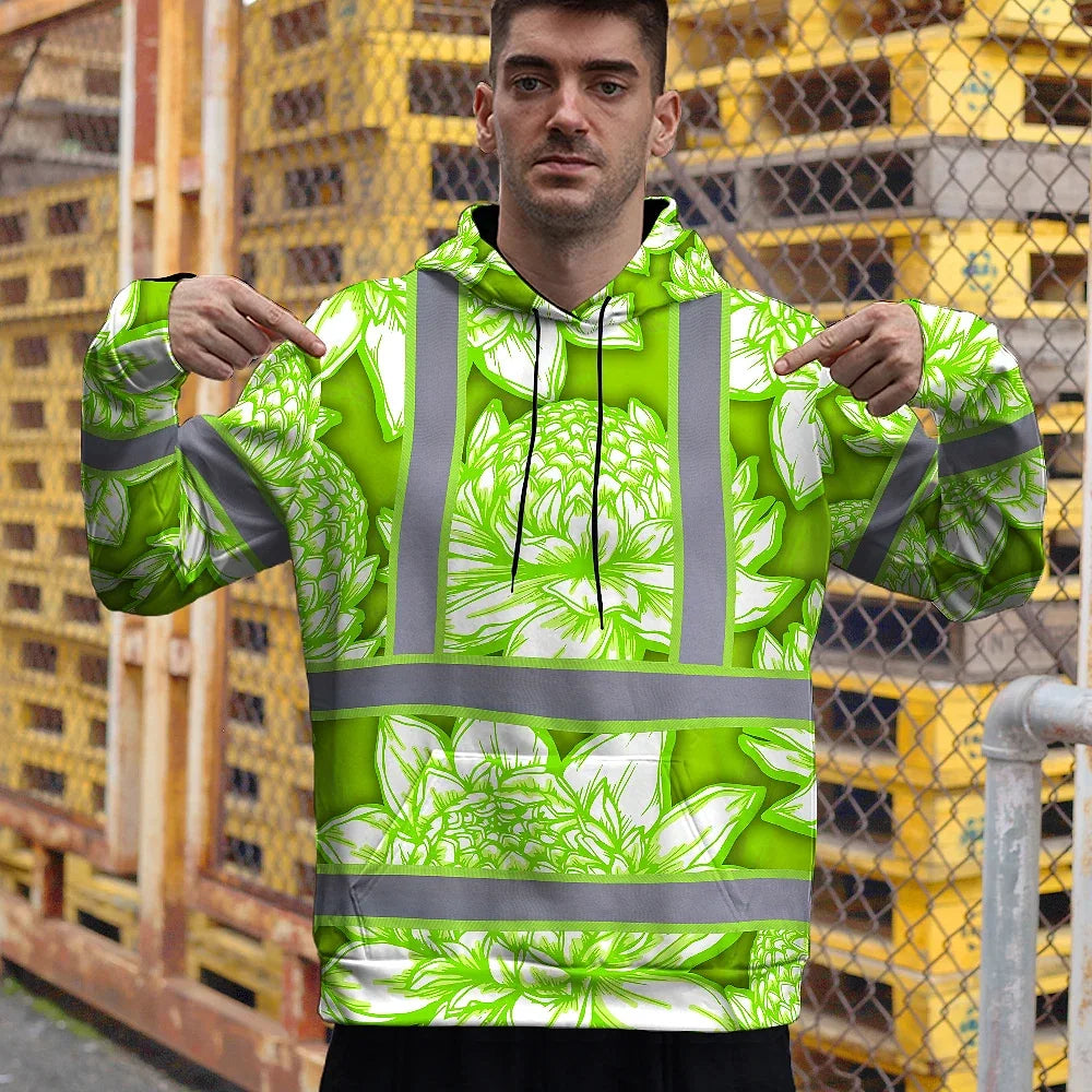 Hi Vis Hoodie Reflective Tapes Green Neon White Protea Custom Name Safety Workwear For Workers, Truckers, Operators