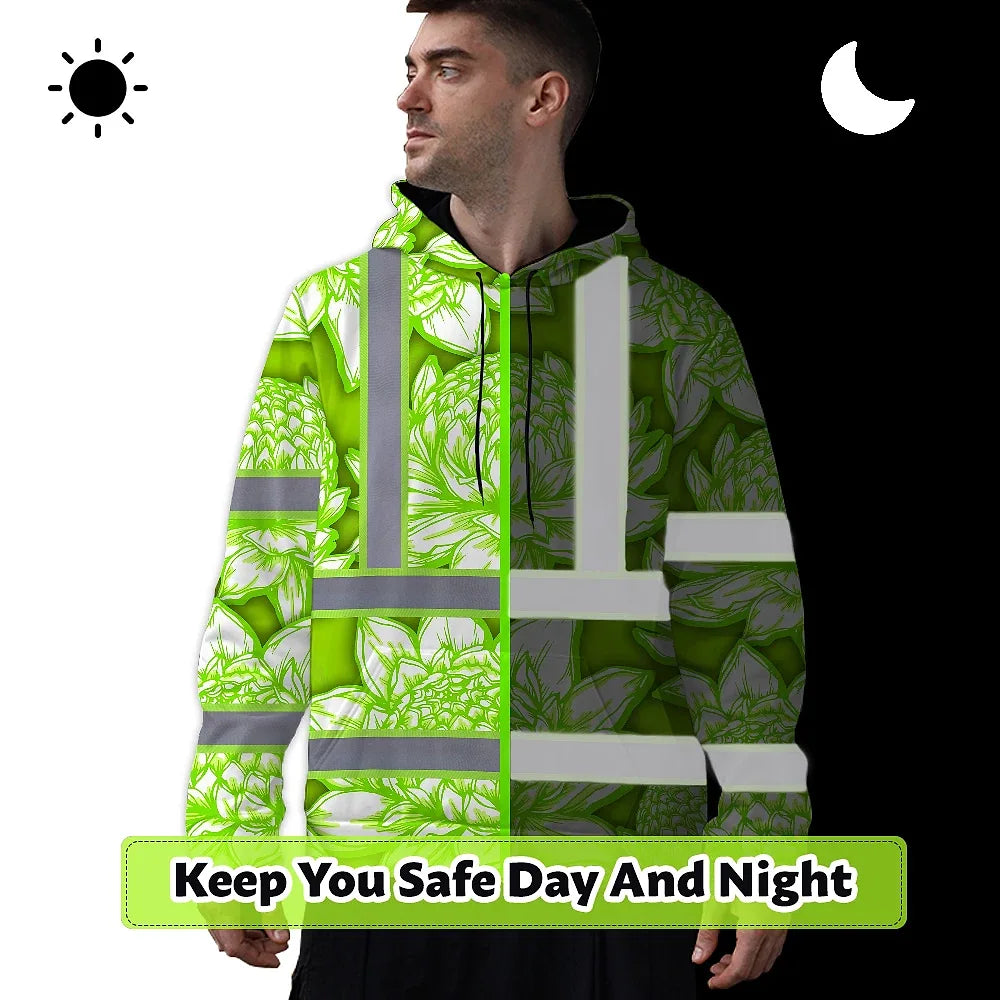 Hi Vis Hoodie Reflective Tapes Green Neon White Protea Custom Name Safety Workwear For Workers, Truckers, Operators