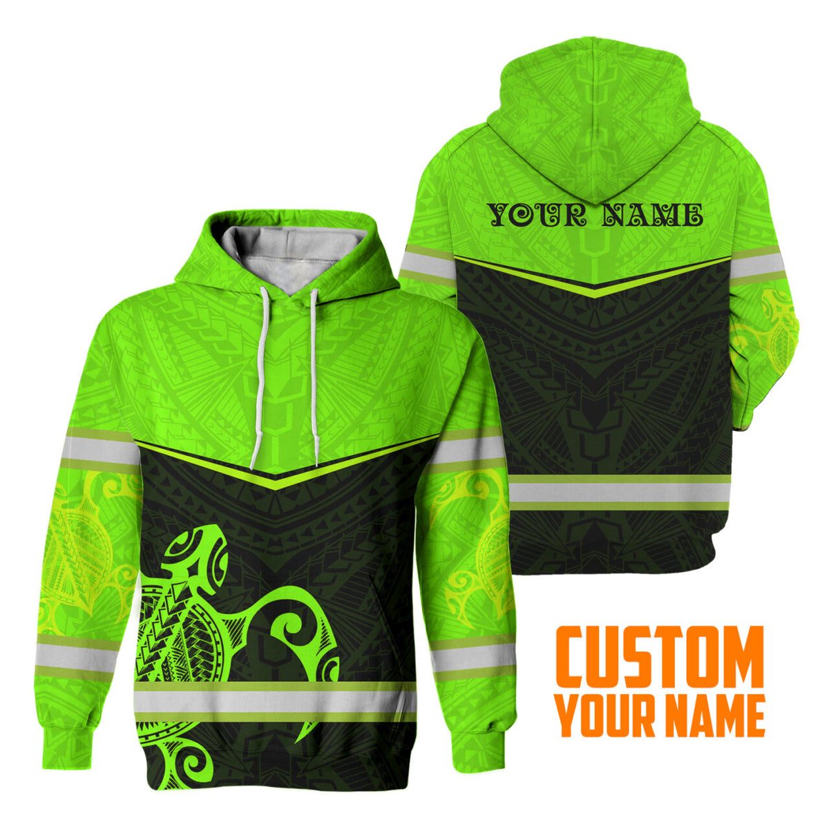 Hi Vis Hoodie Reflective Tapes Green Turtle Hawaiian Custom Name Safety Workwear