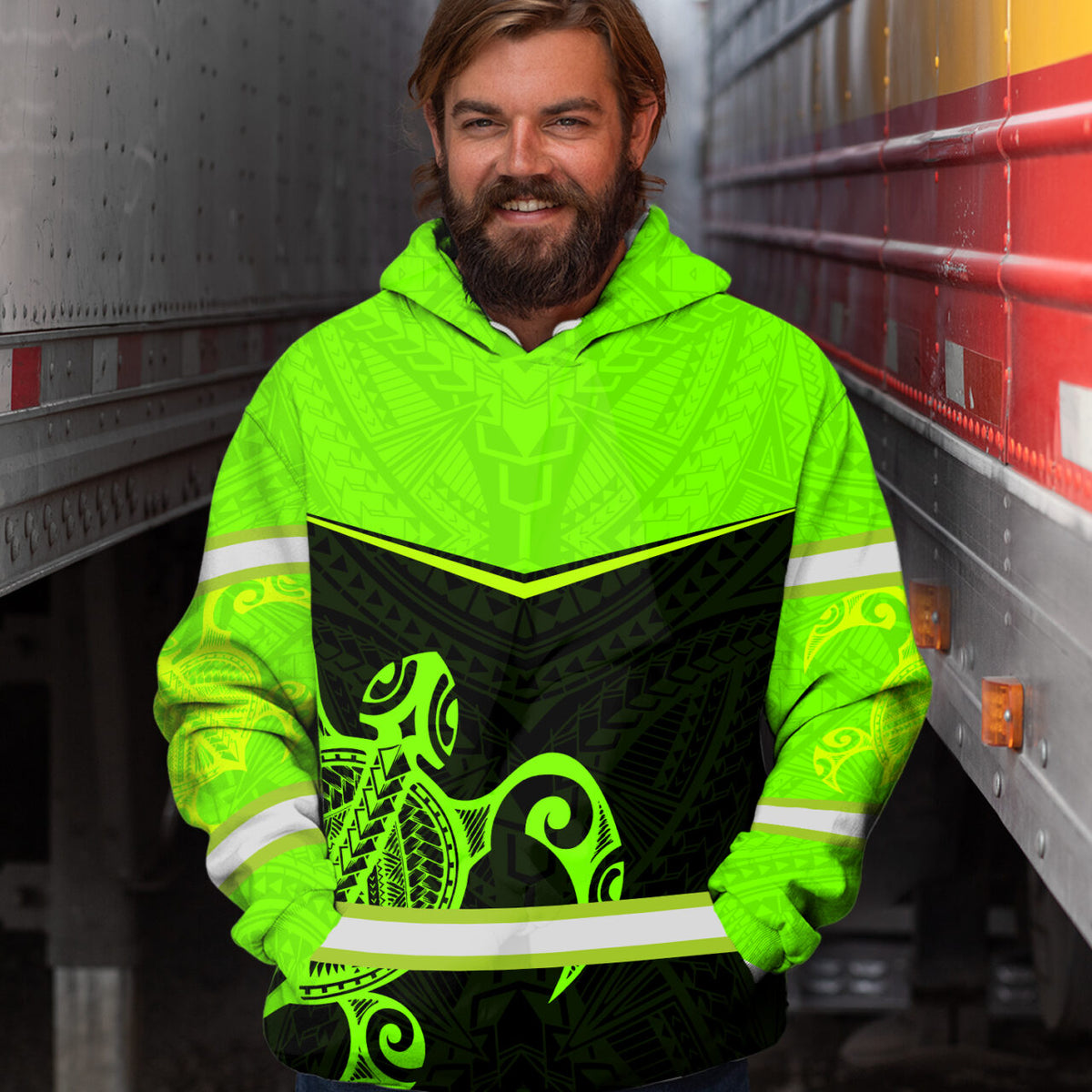 Hi Vis Hoodie Reflective Tapes Green Turtle Hawaiian Custom Name Safety Workwear
