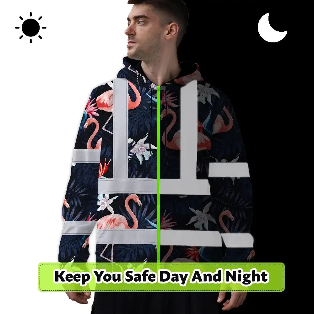 Hi Vis Hoodie Reflective Tapes Hawaii Flamingo 2 Custom Name Safety Workwear For Workers, Truckers, Operators