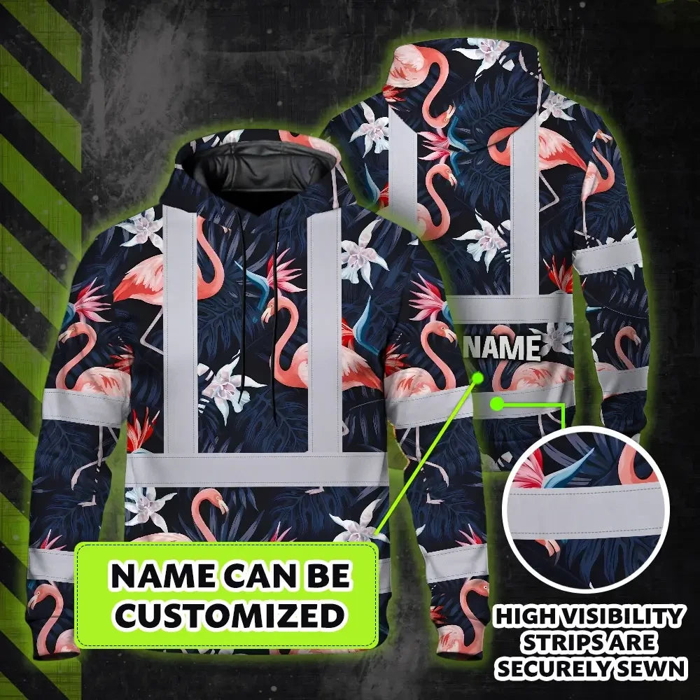 Hi Vis Hoodie Reflective Tapes Hawaii Flamingo 2 Custom Name Safety Workwear For Workers, Truckers, Operators