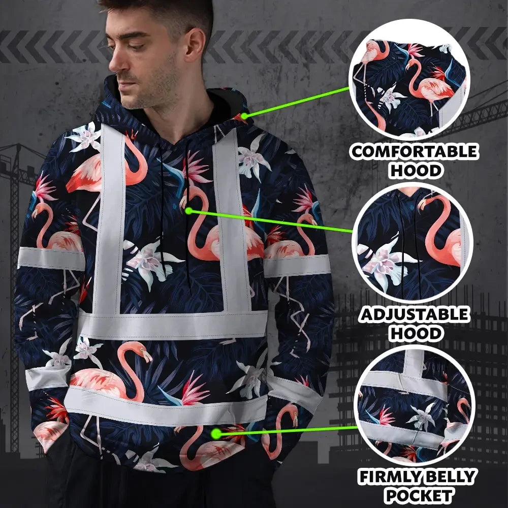Hi Vis Hoodie Reflective Tapes Hawaii Flamingo 2 Custom Name Safety Workwear For Workers, Truckers, Operators
