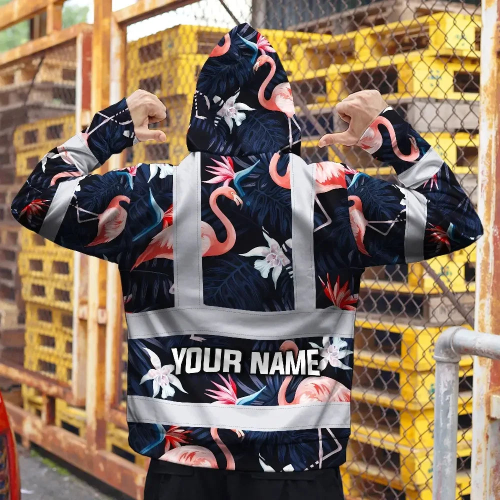 Hi Vis Hoodie Reflective Tapes Hawaii Flamingo 2 Custom Name Safety Workwear For Workers, Truckers, Operators