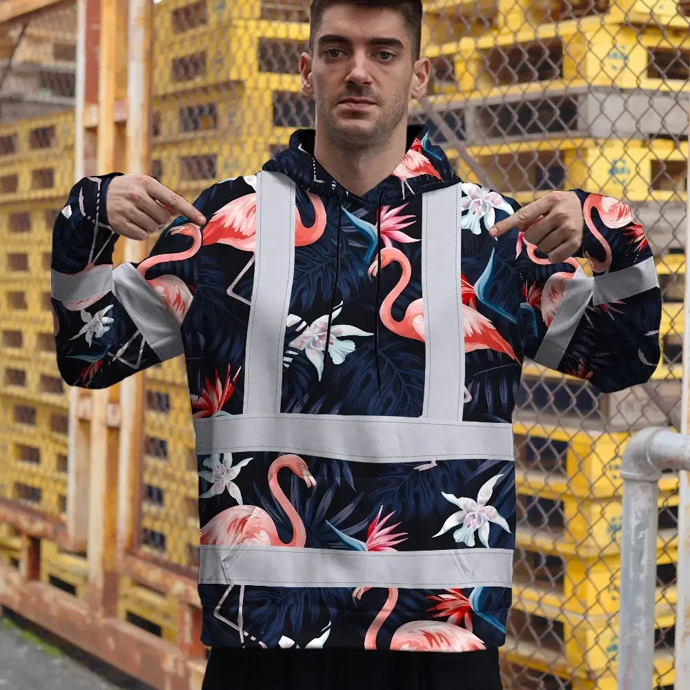Hi Vis Hoodie Reflective Tapes Hawaii Flamingo 2 Custom Name Safety Workwear For Workers, Truckers, Operators