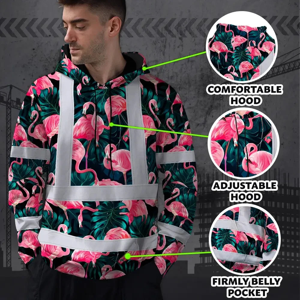 Hi Vis Hoodie Reflective Tapes Hawaii Flamingo Custom Name Safety Workwear For Workers, Truckers, Operators