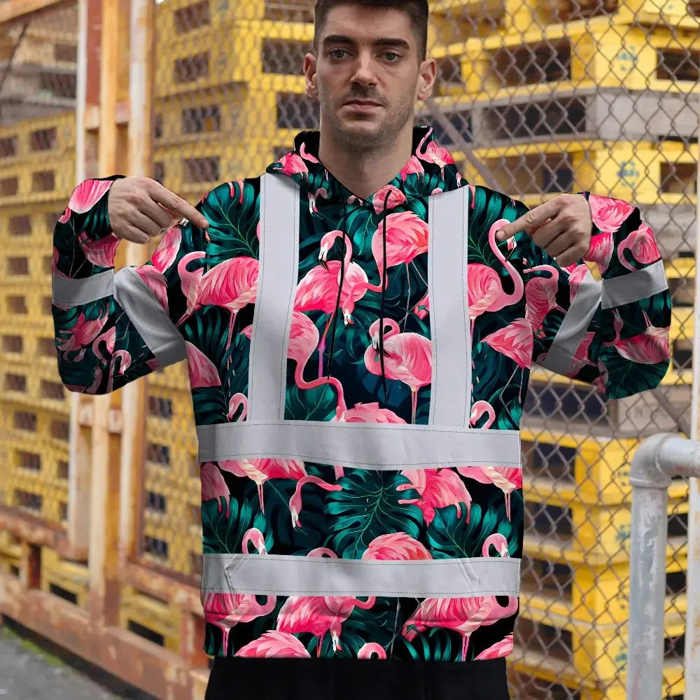 Hi Vis Hoodie Reflective Tapes Hawaii Flamingo Custom Name Safety Workwear For Workers, Truckers, Operators