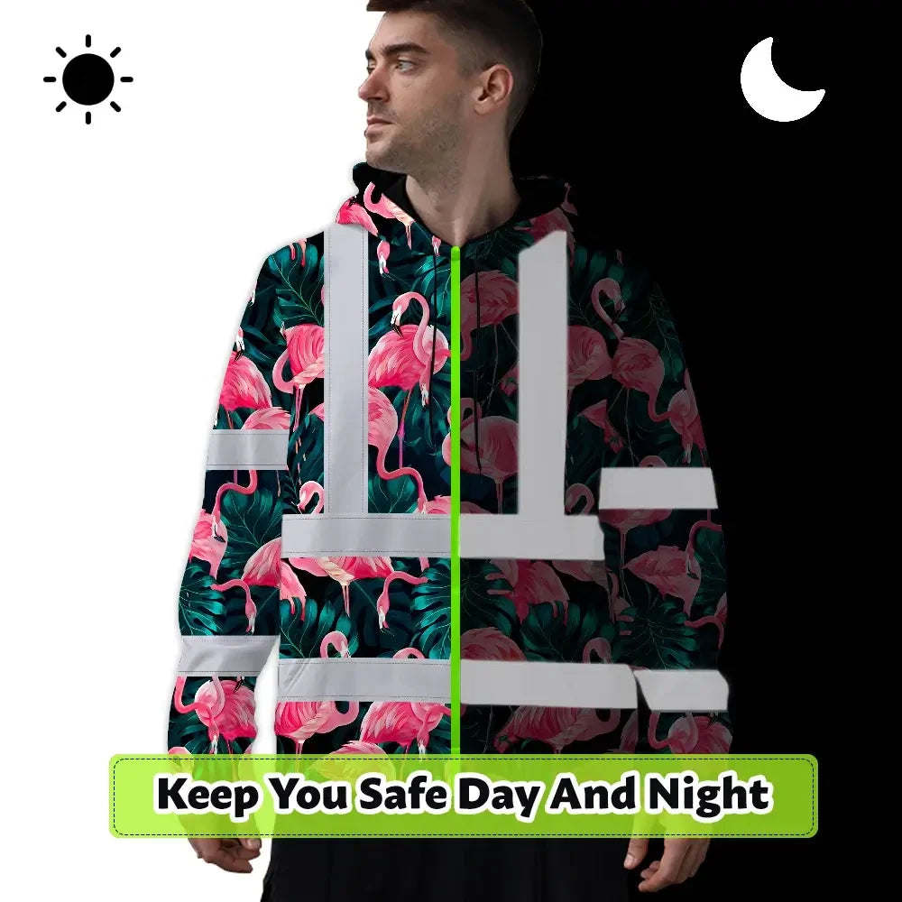 Hi Vis Hoodie Reflective Tapes Hawaii Flamingo Custom Name Safety Workwear For Workers, Truckers, Operators