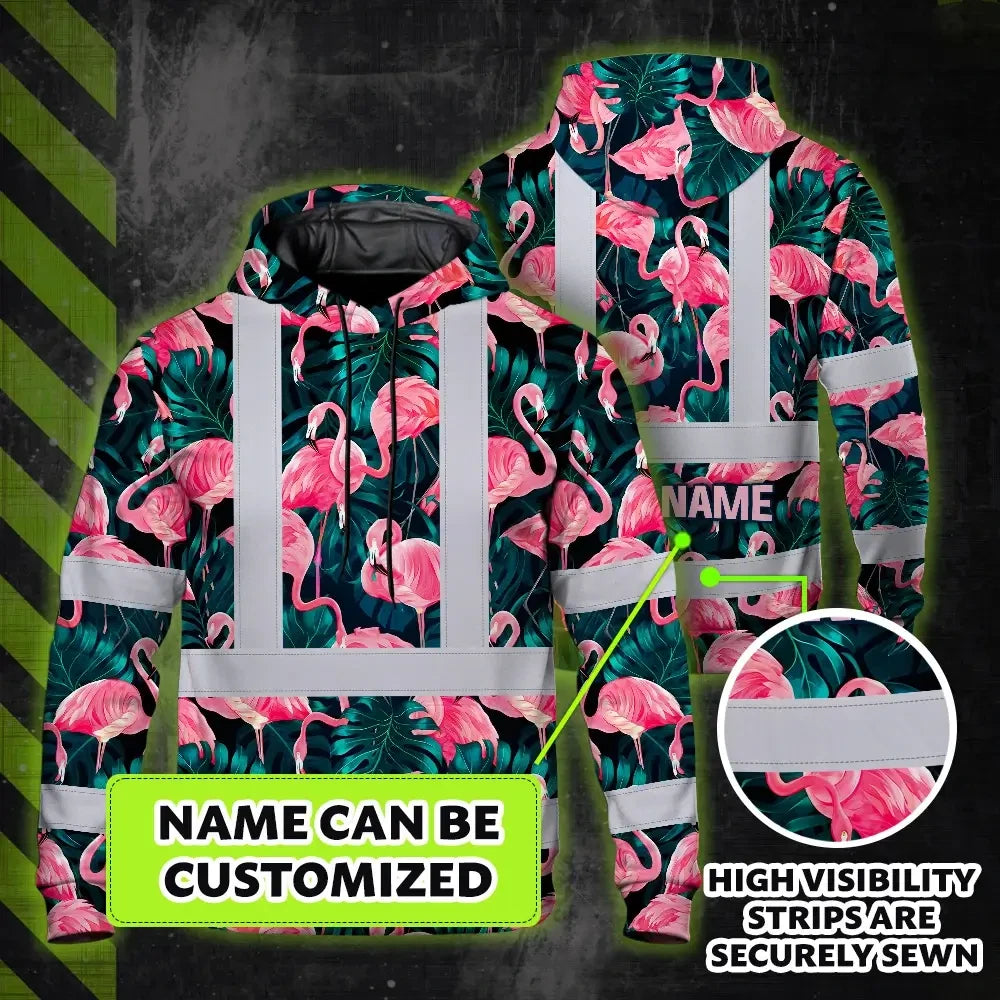 Hi Vis Hoodie Reflective Tapes Hawaii Flamingo Custom Name Safety Workwear For Workers, Truckers, Operators