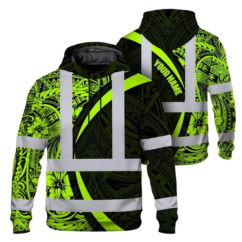Hi Vis Hoodie Reflective Tapes Hawaiian Polynesian Tribal Custom Name Safety Workwear For Workers, Truckers, Operators