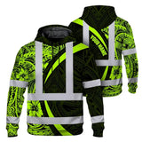 Hi Vis Hoodie Reflective Tapes Hawaiian Polynesian Tribal Custom Name Safety Workwear For Workers, Truckers, Operators