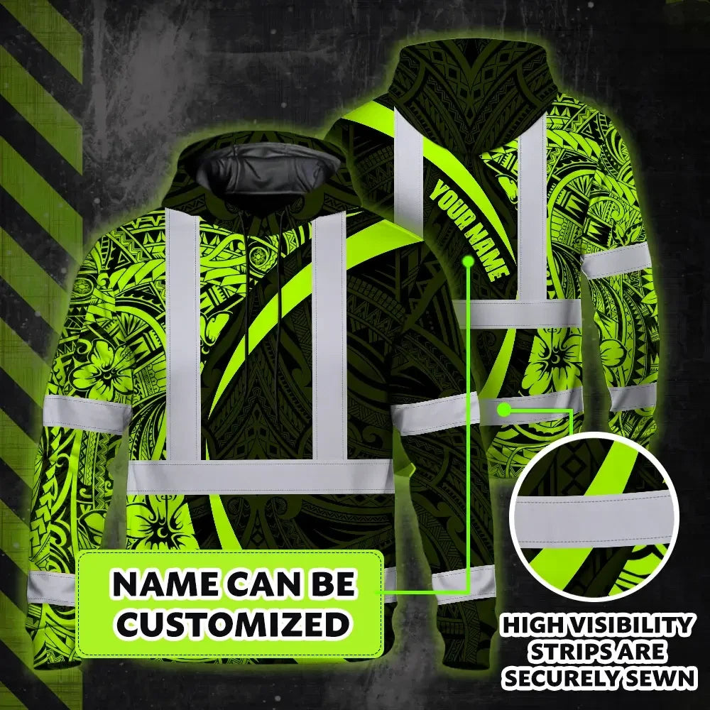 Hi Vis Hoodie Reflective Tapes Hawaiian Polynesian Tribal Custom Name Safety Workwear For Workers, Truckers, Operators