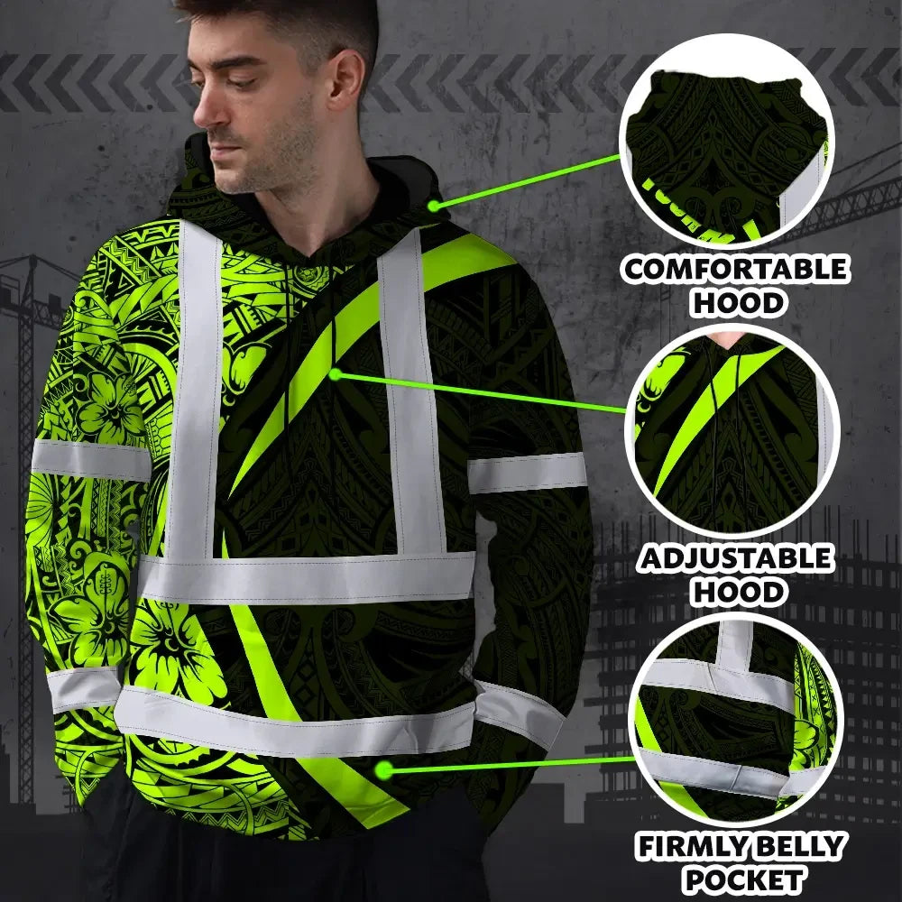 Hi Vis Hoodie Reflective Tapes Hawaiian Polynesian Tribal Custom Name Safety Workwear For Workers, Truckers, Operators