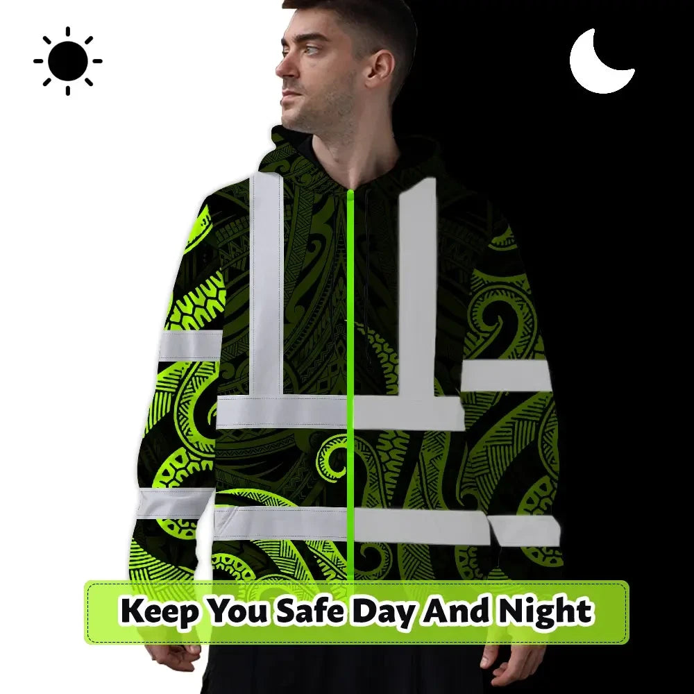Hi Vis Hoodie Reflective Tapes Hawaiian Polynesian Tribal Custom Name Safety Workwear For Workers, Truckers, Operators