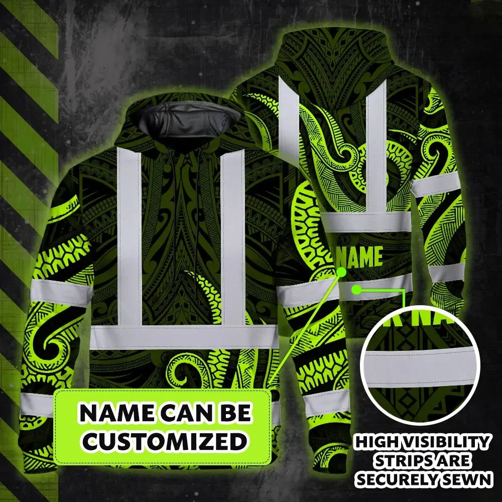 Hi Vis Hoodie Reflective Tapes Hawaiian Polynesian Tribal Custom Name Safety Workwear For Workers, Truckers, Operators