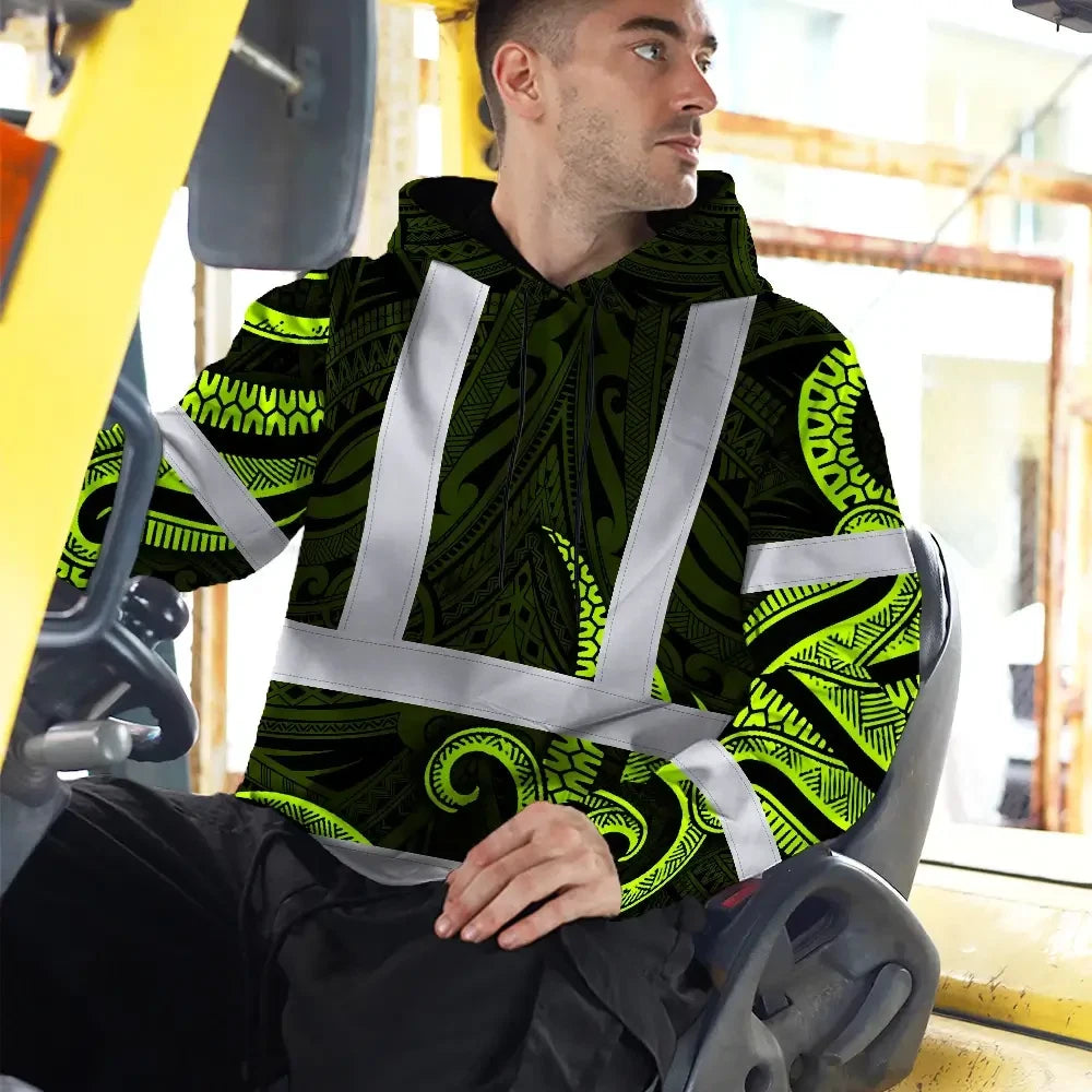 Hi Vis Hoodie Reflective Tapes Hawaiian Polynesian Tribal Custom Name Safety Workwear For Workers, Truckers, Operators